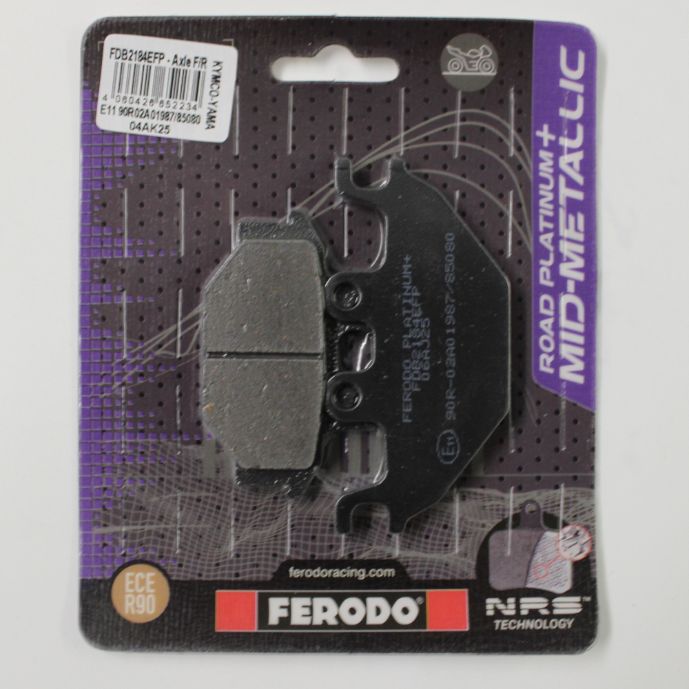 Ferodo Platinum Mid-Metallic ECO/EV Brake Pad FDB2184EFP showing the brake pad with detailed metallic surface and branding