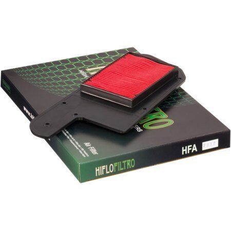 Hiflofiltro Air Filter HFA1211 showing a clean, rectangular motorcycle air filter with foam and paper elements for engine filtration.