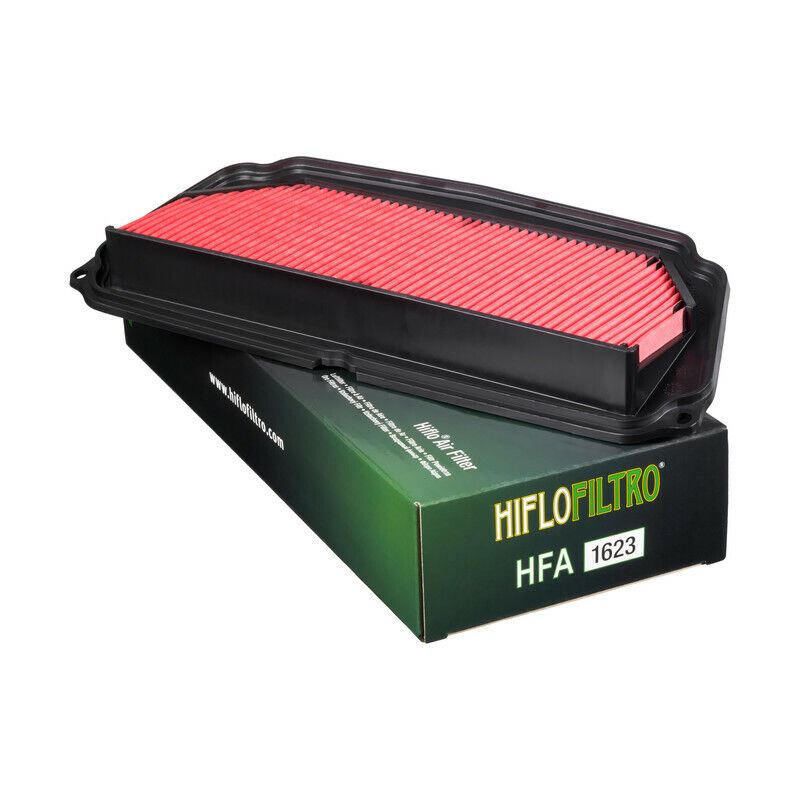 HifloFiltro Air Filter HFA1623 for motorcycles, showing the filter element with a black rubber frame and pleated filtering material.