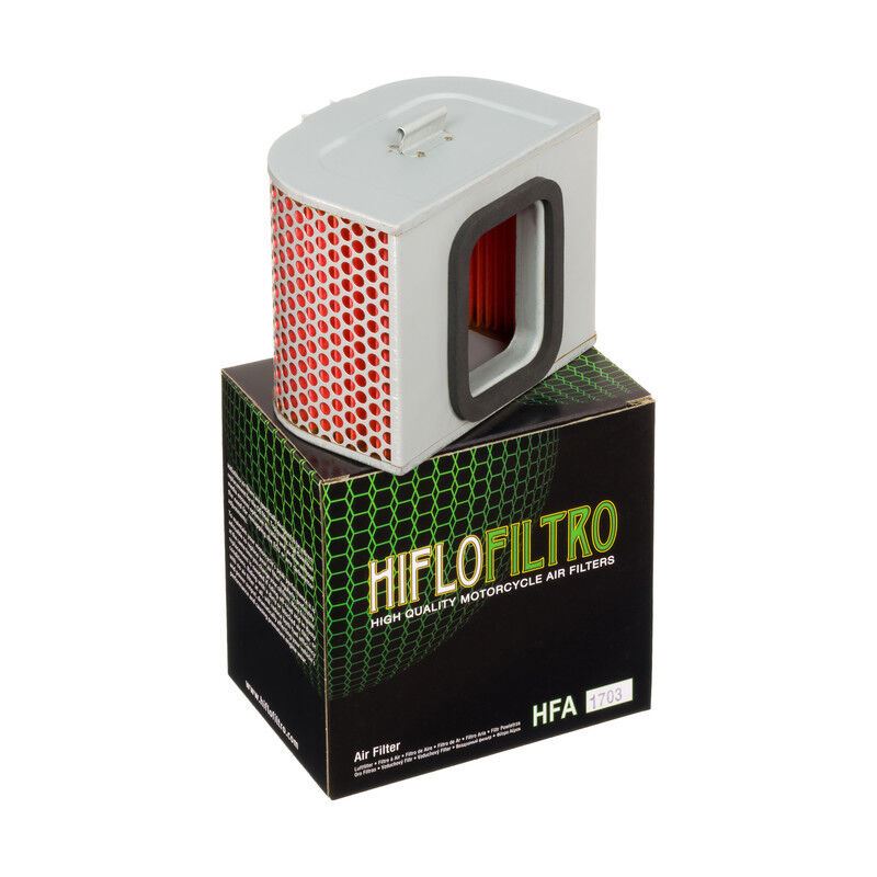 HifloFiltro HFA1703 air filter showing pleated paper element designed for motorcycle engine air intake.