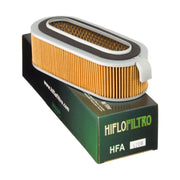 Hiflofiltro HFA1706 air filter for motorcycle engine, with pleated paper design and rubber frame for filtration and airflow.