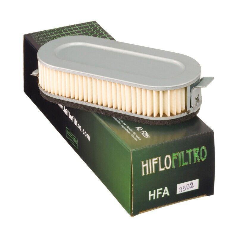 Hiflofiltro HFA3502 air filter for motorcycle, showing the black rectangular filter element with mounting frame.