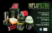 Hiflofiltro HFA3621 air filter with pleated paper element for motorcycle air intake system.