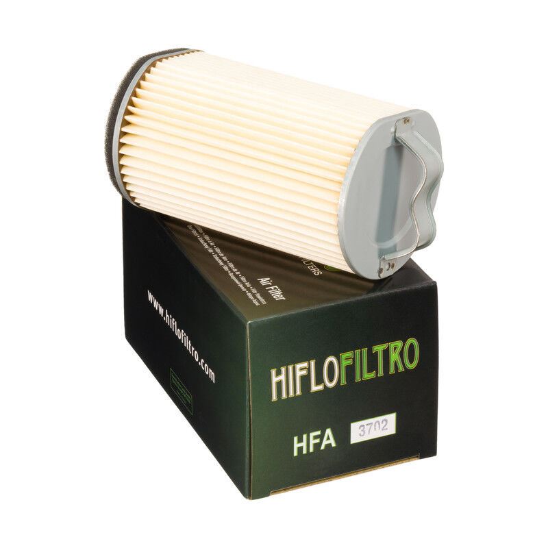 Hiflofiltro HFA3702 air filter for motorcycle or vehicle, featuring pleated paper filter media and plastic frame.