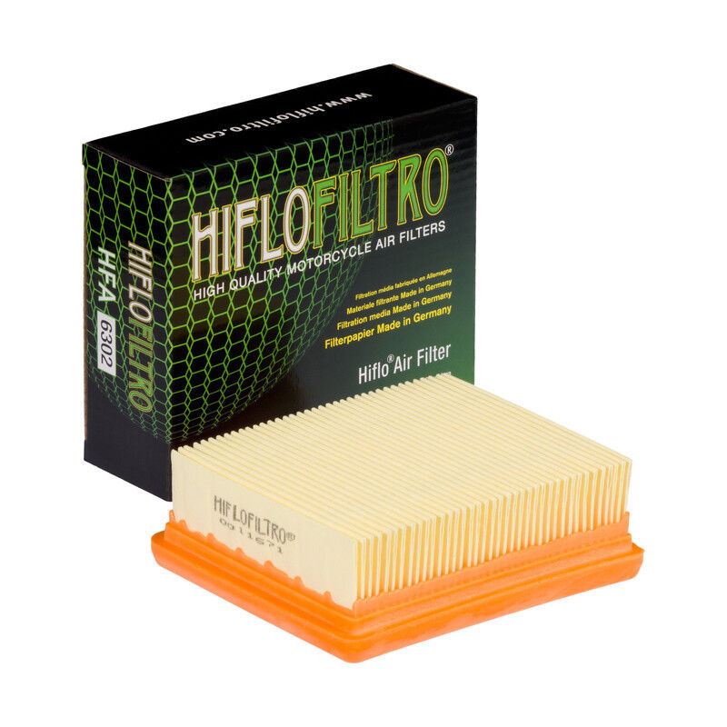 HifloFiltro HFA6302 air filter for motorcycle, showing the clean, rectangular filter element with black rubber edges.
