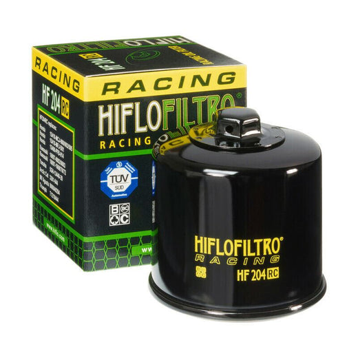 Hiflofiltro HF204RC high-performance racing oil filter with metal canister and filter element for motorcycle engines