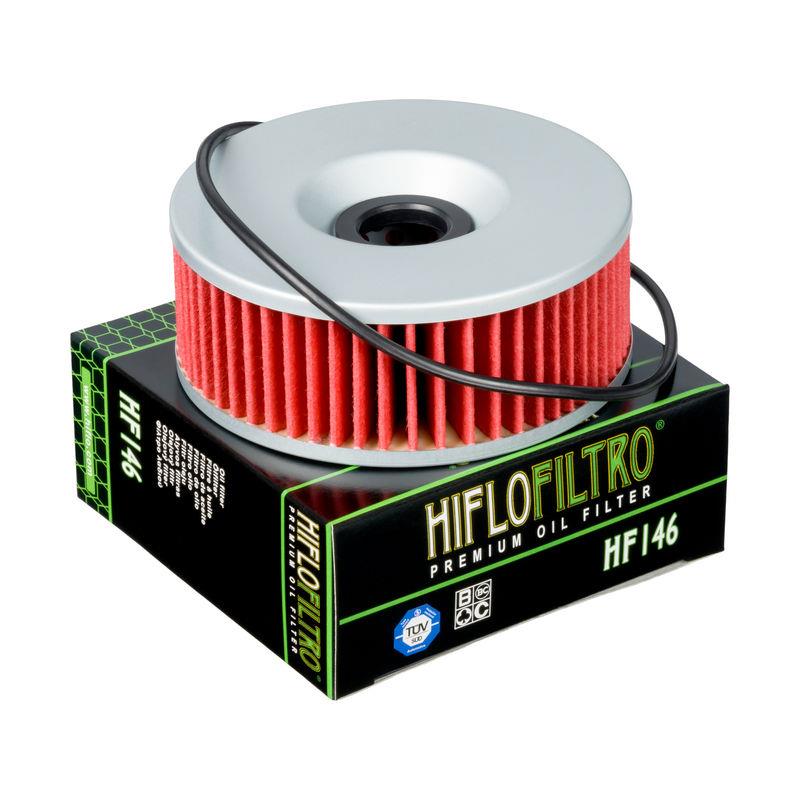 Hiflofiltro HF146 Premium Oil Filter showing the cylindrical metal body and rubber sealing gasket for motorcycle engines.
