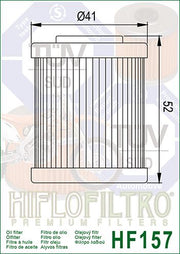 Hiflofiltro Premium Oil Filter HF157 for motorcycle engines, featuring metal casing and filtration media for engine protection.