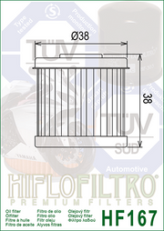 Hiflofiltro HF167 Premium Oil Filter showing the black cylindrical filter with metal end caps and threaded center.