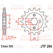 JT Sprockets front sprocket JTF294.17 for 530 pitch motorcycle drive chain, showing the gear teeth and brand logo.