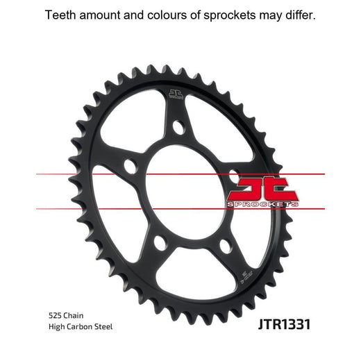 Black zinc rear sprocket by JT Sprockets, JTR1331.42ZBK, with 525 pitch and gear teeth visible for motorcycle drivetrain.