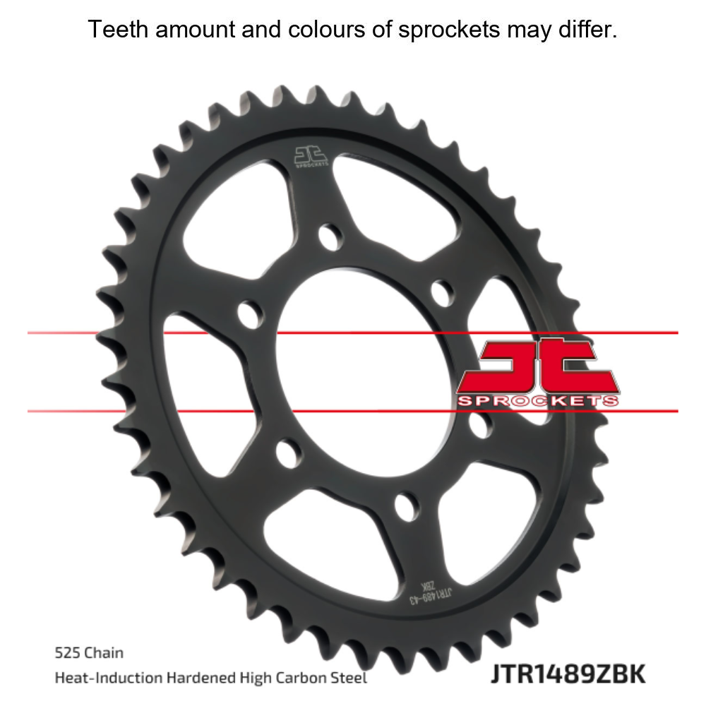 Black zinc rear sprocket by JT Sprockets, model JTR1489.41ZBK, designed for 525 pitch motorcycle chains.