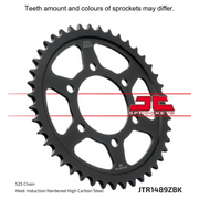 Black zinc rear sprocket by JT Sprockets, model JTR1489.41ZBK, designed for 525 pitch motorcycle chains.