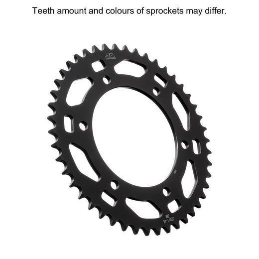 Black zinc rear sprocket from JT Sprockets, model JTR17.46ZBK, showing the gear teeth and branding on the sprocket.