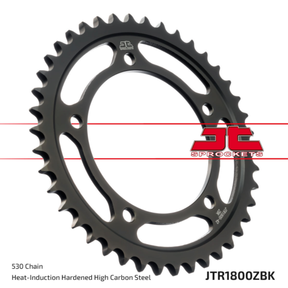 Black zinc rear sprocket from JT Sprockets, model JTR1800.43ZBK, with teeth and sprocket design visible in the image.