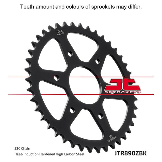 Black zinc rear sprocket from JT Sprockets, model JTR890.42ZBK, with evenly spaced teeth and a durable finish for motorcycle drive.