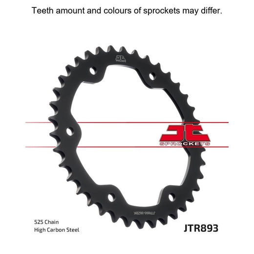 Black zinc rear sprocket by JT Sprockets, model JTR893.38ZBK, showing teeth and finish for motorcycle drivetrain.
