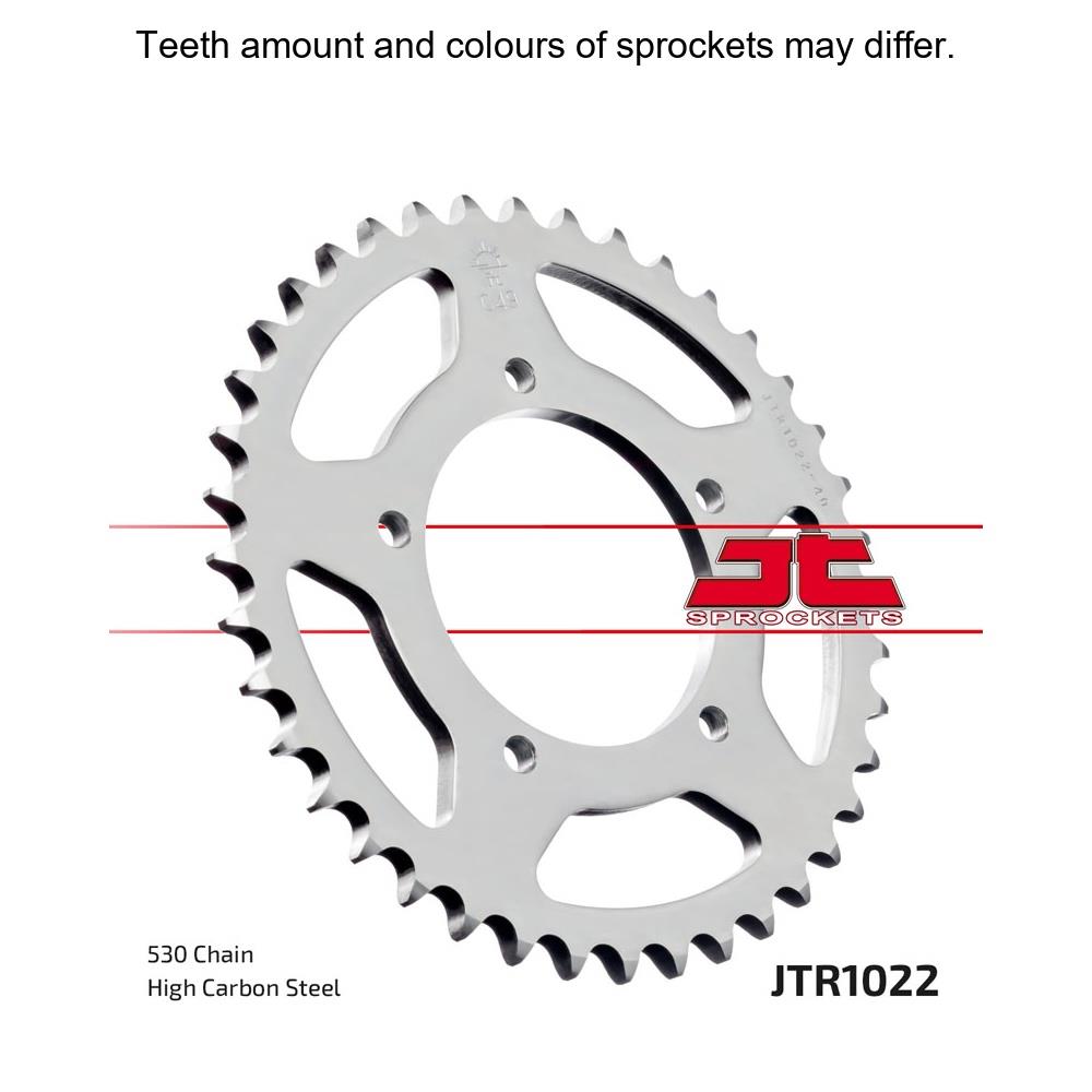Rear sprocket by JT Sprockets, model JTR1022.42, featuring durable metal construction for motorcycle drivetrain performance.