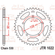Rear sprocket by JT Sprockets, model JTR1022.42, showing the metal gear with evenly spaced teeth for motorcycle chain drive.