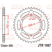 Rear sprocket by JT Sprockets, model JTR1067.52, showing the metal sprocket with evenly spaced teeth for motorcycle chain drive.