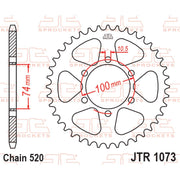 JT Sprockets rear sprocket JTR1073.46 for 520 pitch, showing the black metal sprocket with gear teeth and brand logo.