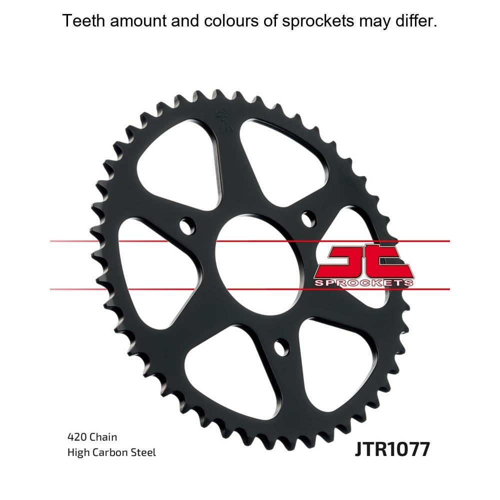 Rear sprocket from JT Sprockets, model JTR1077.47, showing the metal sprocket with gear teeth for motorcycle or bike drivetrain.
