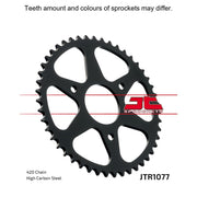 Rear sprocket from JT Sprockets, model JTR1077.47, showing the metal sprocket with gear teeth for motorcycle or bike drivetrain.