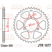 Rear sprocket by JT Sprockets, model JTR1077.47, showing the black metal design and tooth pattern for motorcycle chain drive.
