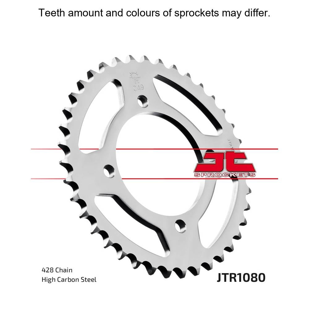Rear sprocket by JT Sprockets, model JTR1080.39, featuring durable metal construction and gear teeth for motorcycle drivetrain.