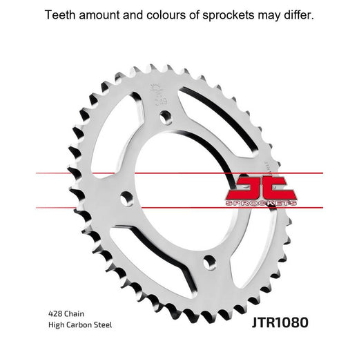 Rear JT Sprockets JTR1080.39 motorcycle sprocket with metal teeth and black finish, designed for durability and performance.