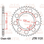 Rear sprocket by JT Sprockets, model JTR1131.65, featuring metal teeth and black finish for motorcycle drivetrain performance.