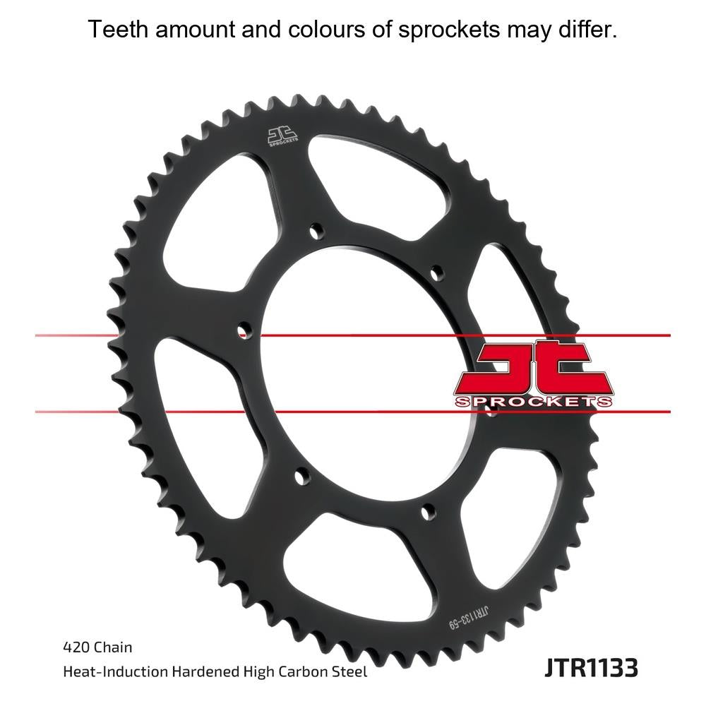 Rear sprocket by JT Sprockets, model JTR1133.53, featuring a durable metal design and precise gear teeth for motorcycle performance.