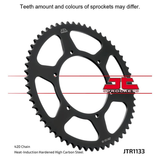 Rear sprocket by JT Sprockets, model JTR1133.65, showing metal construction and gear teeth for motorcycle or bike drivetrain.
