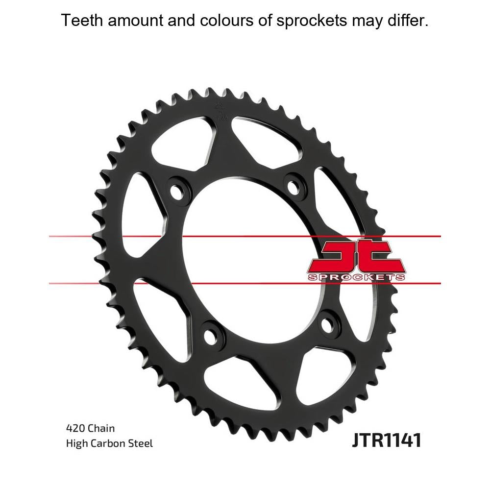 Rear JT Sprockets JTR1141.60 motorcycle sprocket with 420 pitch, showing the metal construction and teeth design.