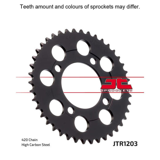 Rear JT Sprockets JTR1203.42 sprocket with evenly spaced teeth and metallic finish, designed for motorcycle chain drive systems.