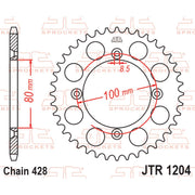 Rear sprocket from JT Sprockets JTR1204.49 series, 428 pitch, with a metallic finish and gear teeth visible.