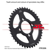 JT Sprockets rear sprocket JTR1206.42 with 428 pitch, showcasing the metal sprocket with gear teeth for motorcycle drivetrain.