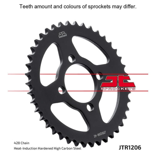 Rear JT Sprockets JTR1206.42 motorcycle sprocket with 428 pitch, featuring a durable metal design and gear teeth visible.