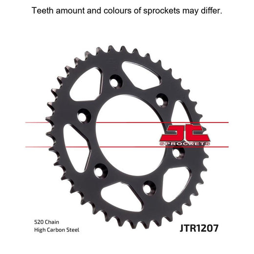Rear JT Sprockets JTR1207.39 520 pitch sprocket with metal teeth and mounting holes for motorcycle chain drive.