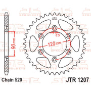 Rear JT Sprockets JTR1207.39 motorcycle sprocket with 520 pitch showing the gear teeth and branding details.