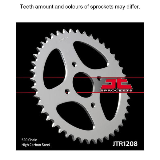 Rear JT Sprockets JTR1208.44 sprocket with evenly spaced teeth and metallic finish, designed for motorcycle drivetrains.