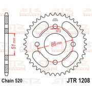 Rear sprocket from JT Sprockets JTR1208.44, showing the black metal gear with teeth and mounting holes for motorcycle chain drive.