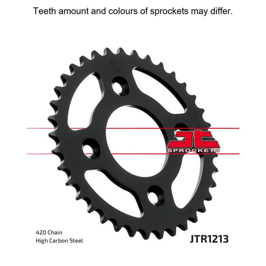 Rear JT Sprockets JTR1213.37 sprocket with metal teeth and black finish, designed for motorcycle chain drive systems.