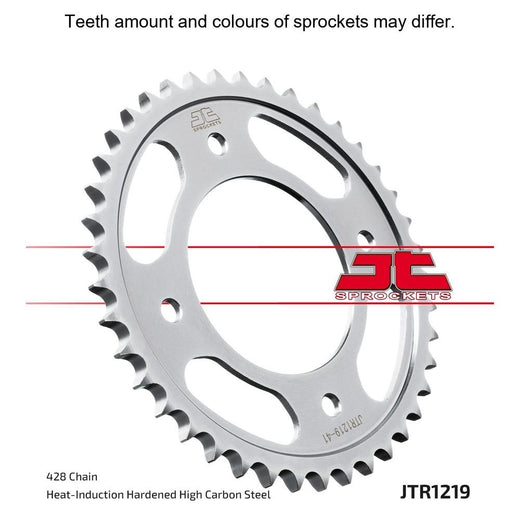 Rear JT Sprockets JTR1219.41 428 pitch sprocket showing teeth and metal construction for motorcycle or dirt bike use.