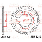 Rear JT Sprockets JTR1219.42 sprocket for motorcycles, 428 pitch, with evenly spaced teeth and durable metal construction.