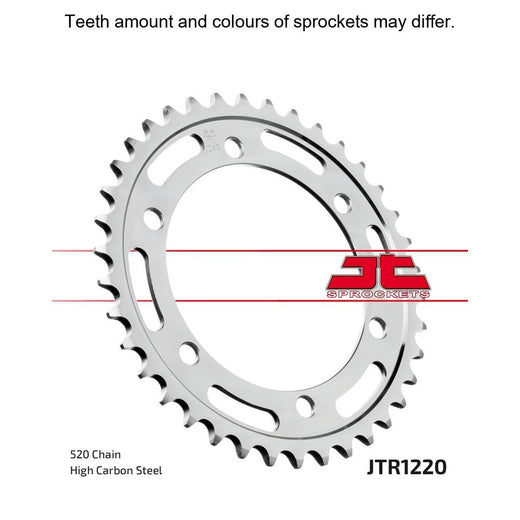 Rear JT Sprockets JTR1220.36 motorcycle sprocket with 520 pitch, showing gear teeth and black finish.