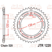 Rear JT Sprockets JTR1220.38 sprocket for motorcycles, 520 pitch, made by JT Sprockets, with visible teeth and mounting holes.