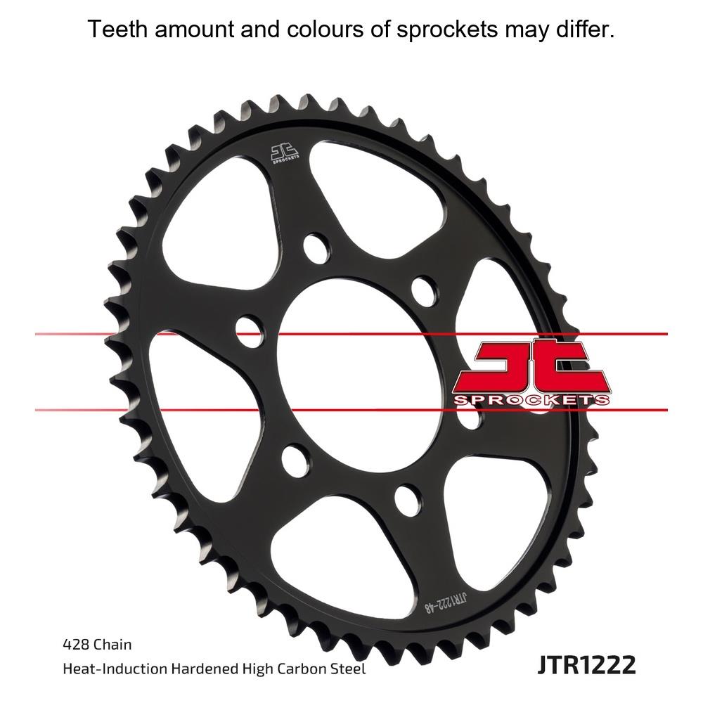 Rear JT Sprockets JTR1222.47 428 pitch sprocket for motorcycle, showing the metal sprocket's teeth and branding details.
