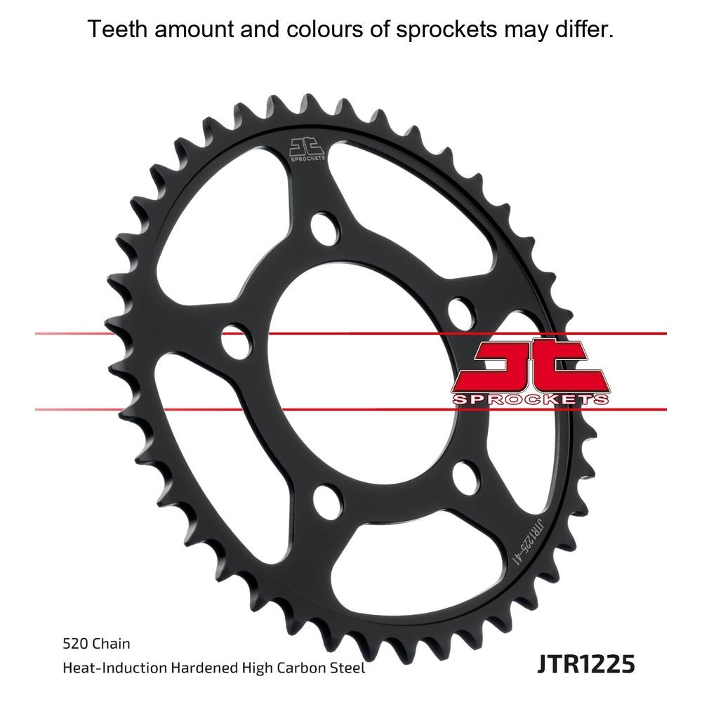 Rear JT Sprockets JTR1225.41 520 pitch sprocket, showing the black metal design with teeth for motorcycle or bike drivetrain.