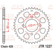Rear sprocket from JT Sprockets JTR1227.45 series, featuring metallic teeth designed for motorcycle drivetrain performance.
